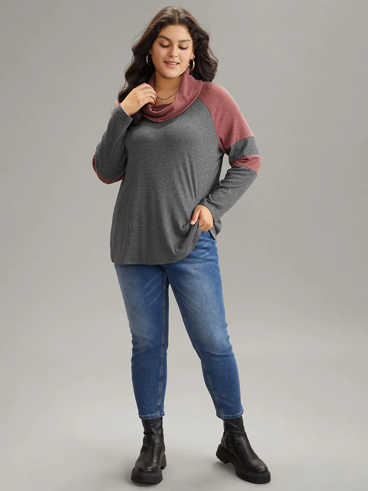 Two Tone Cowl Neck Patchwork T-shirt - Image 3