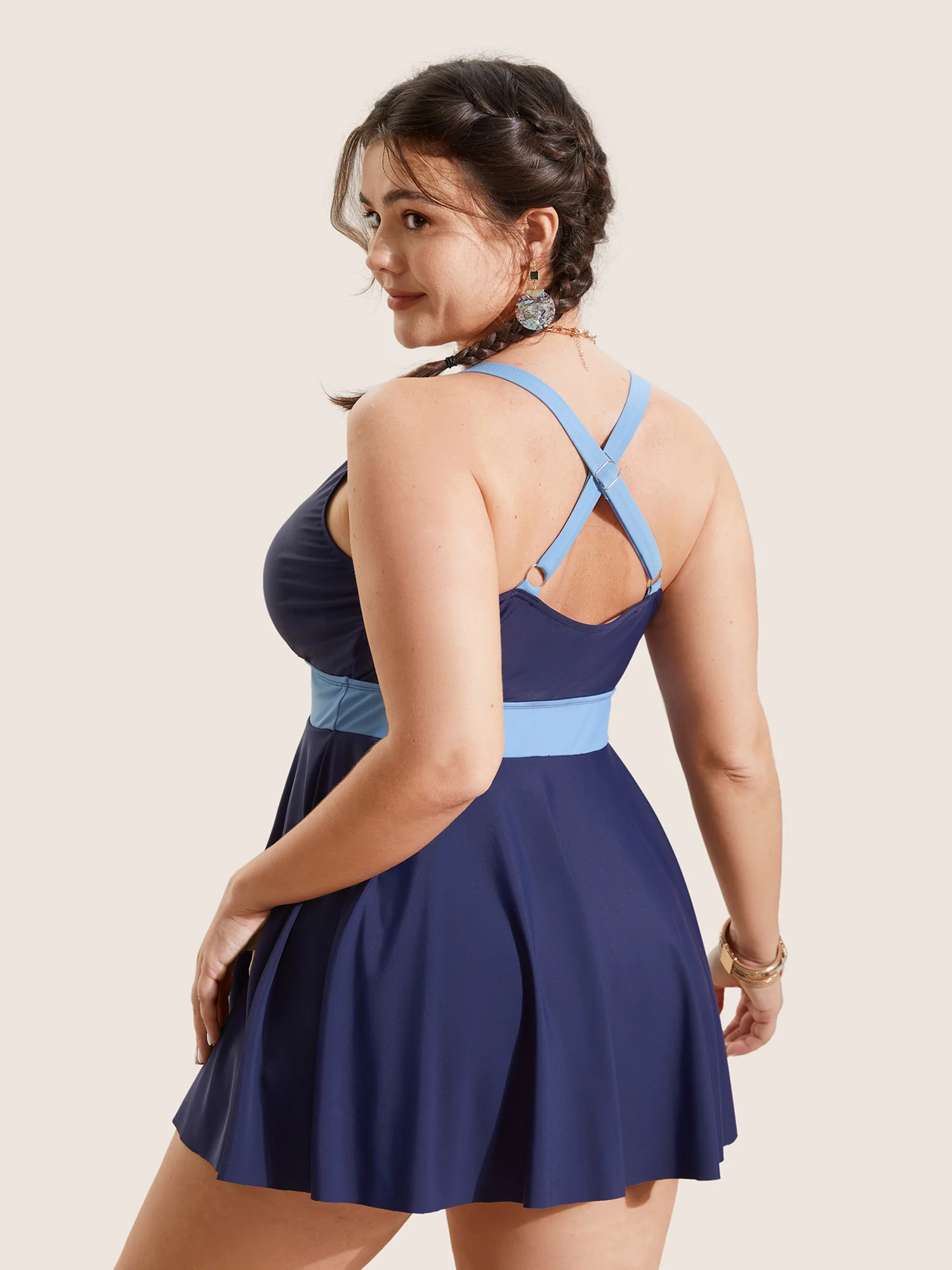 Two Tone Gathered Overlap Collar Swim Dress - Image 2