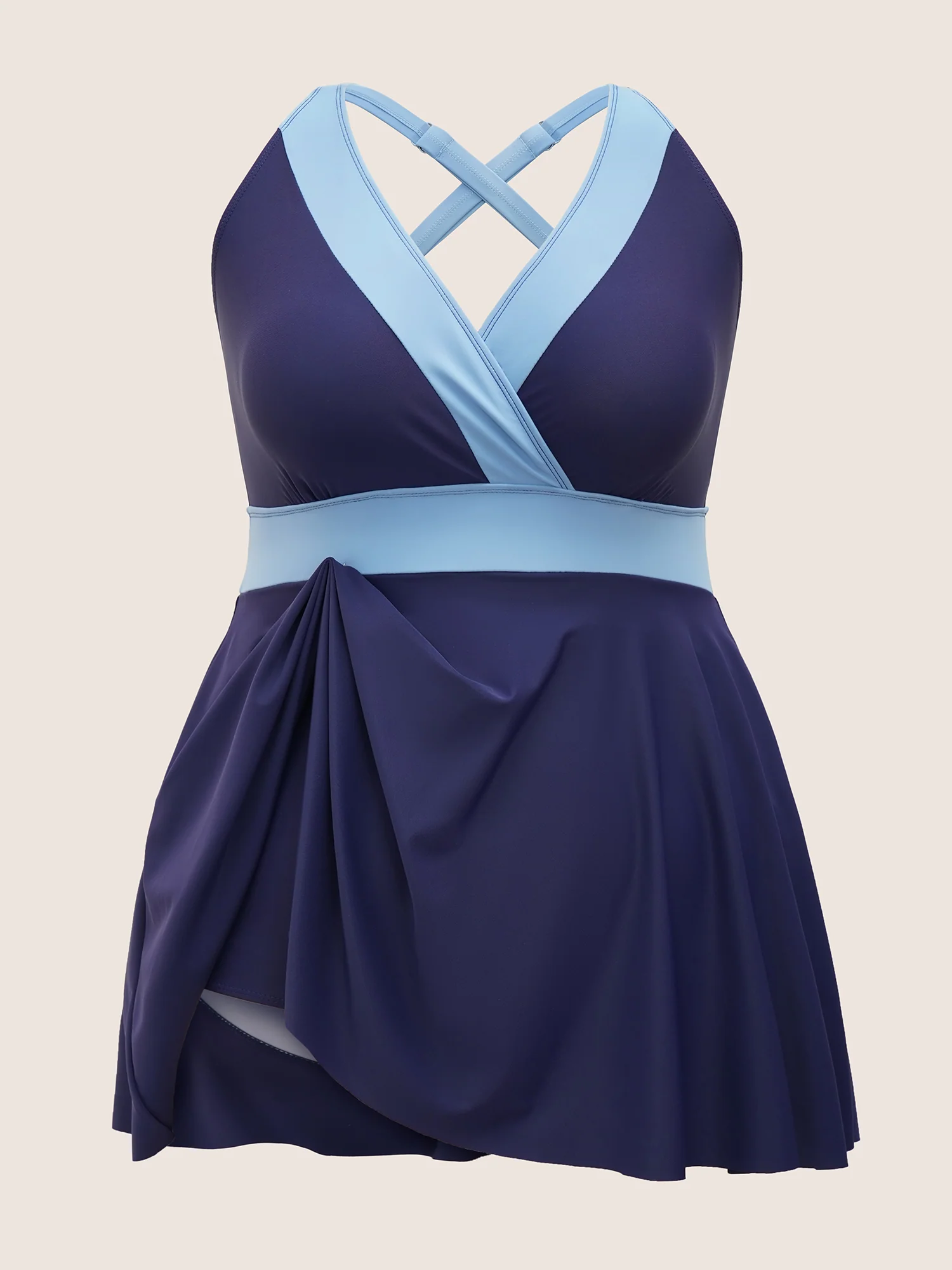 Two Tone Gathered Overlap Collar Swim Dress - Image 6
