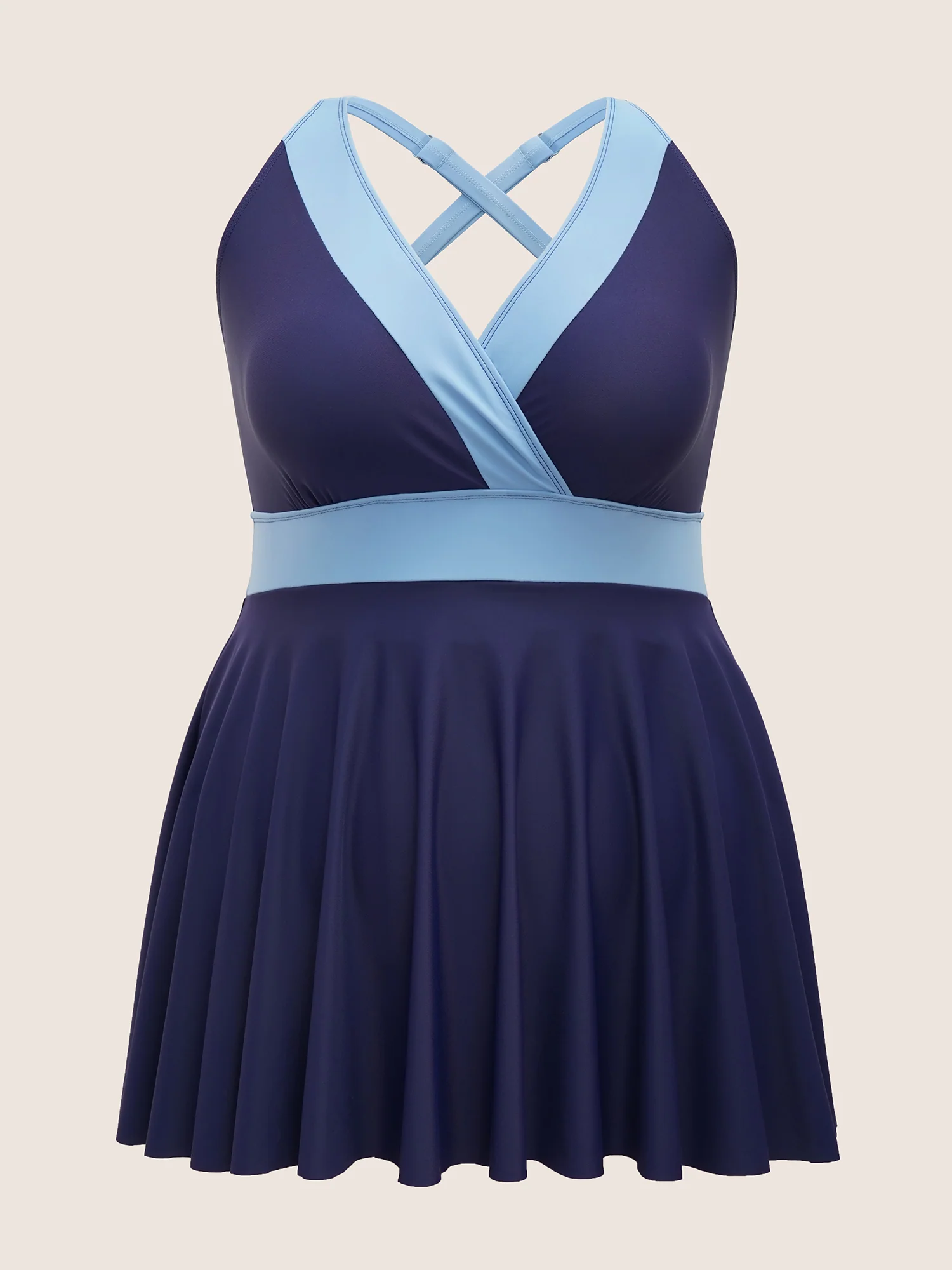 Two Tone Gathered Overlap Collar Swim Dress - Image 7