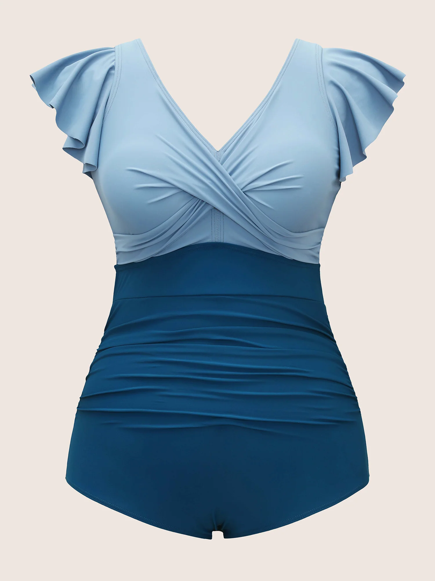 Two Tone Gathered Ruffle Sleeve One Piece Swimsuit - Image 11