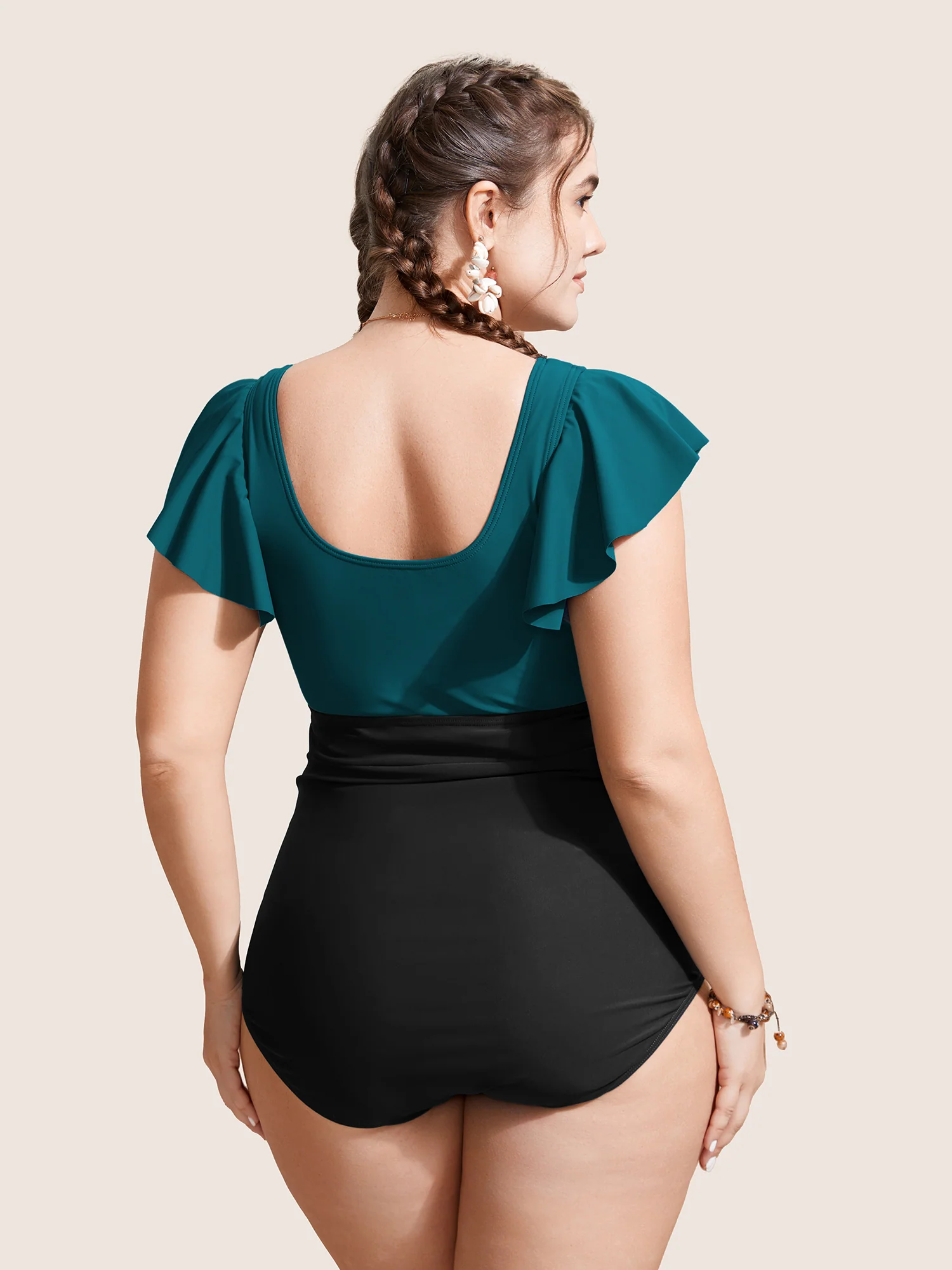 Two Tone Gathered Ruffle Sleeve One Piece Swimsuit - Image 2