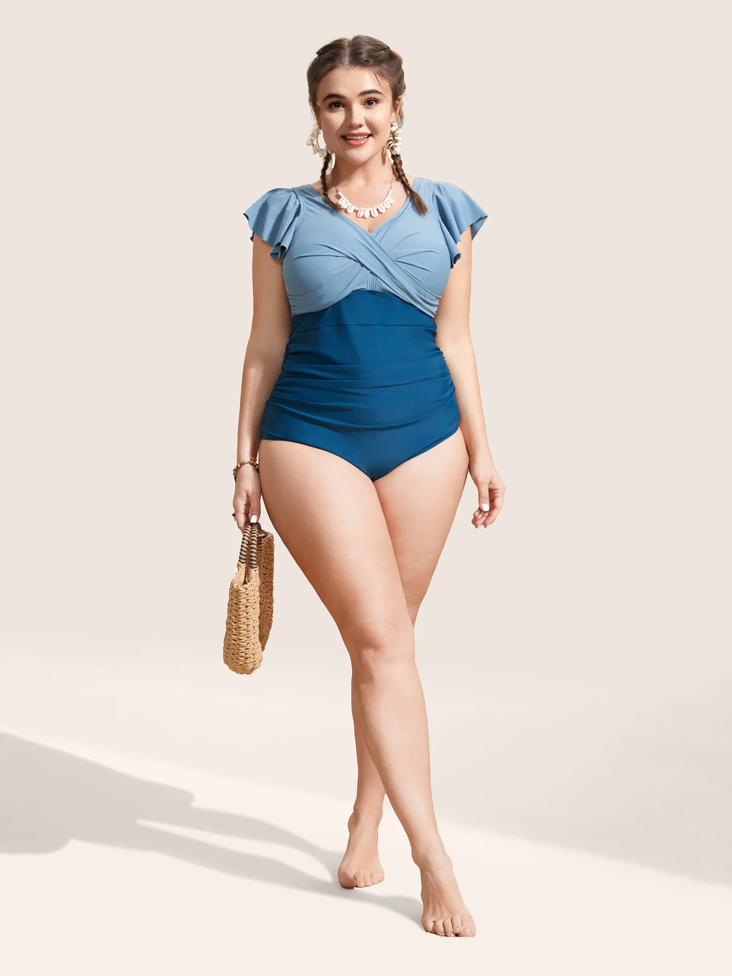 Two Tone Gathered Ruffle Sleeve One Piece Swimsuit - Image 7