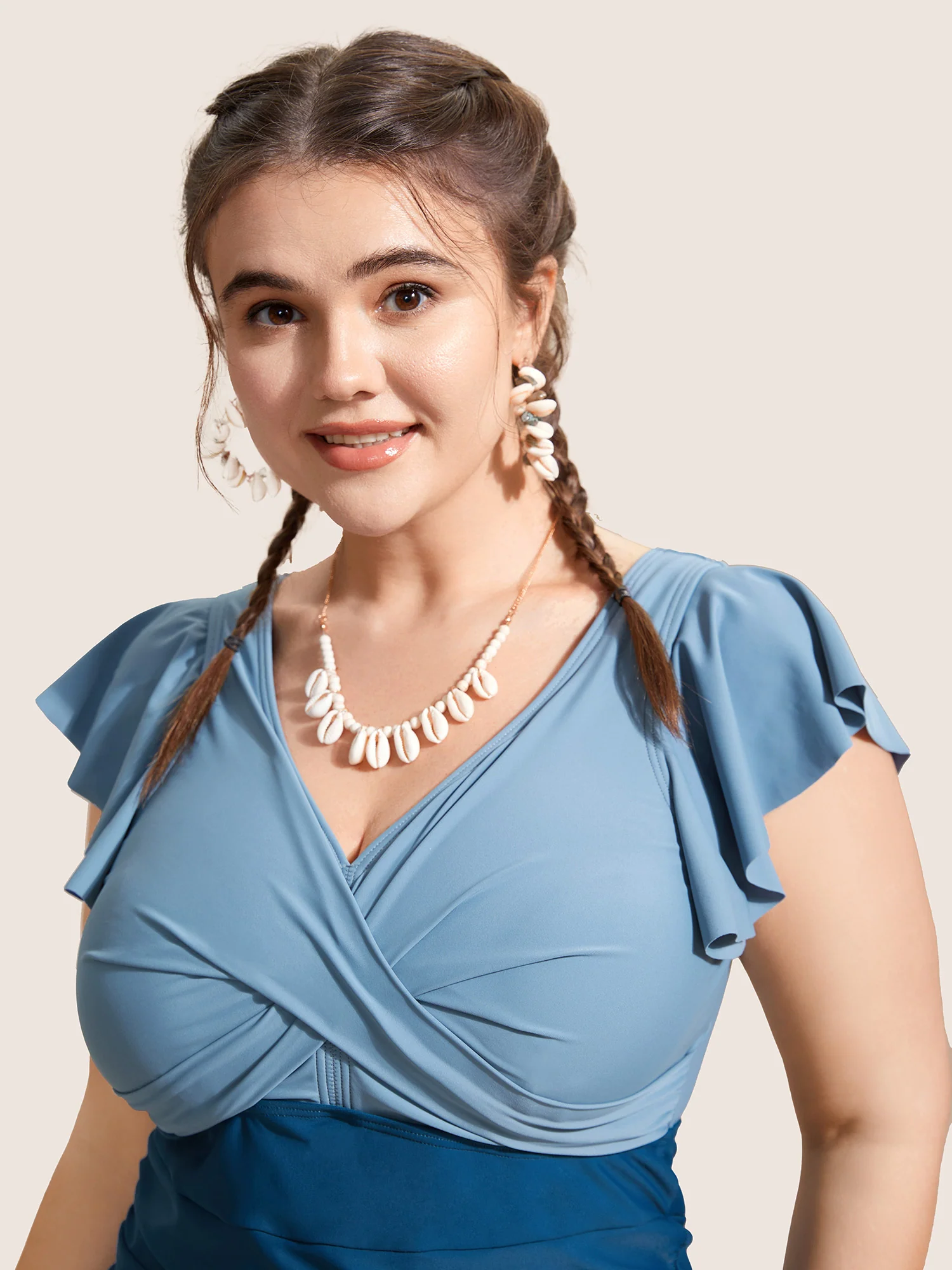 Two Tone Gathered Ruffle Sleeve One Piece Swimsuit - Image 8