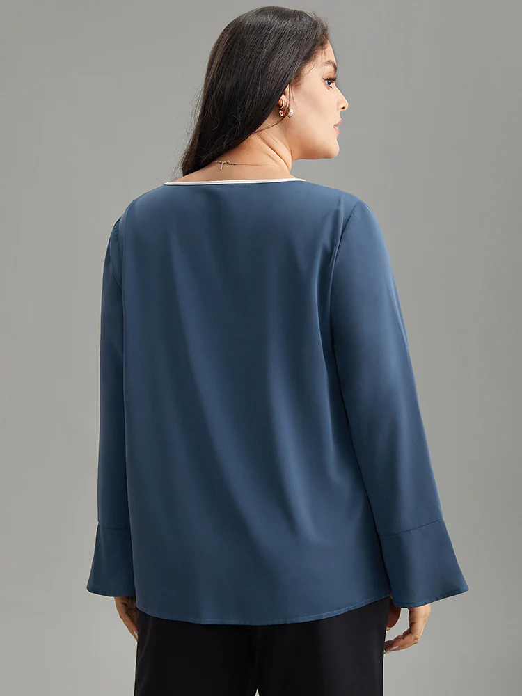 Two Tone Keyhole Bell Sleeve Blouse - Image 2