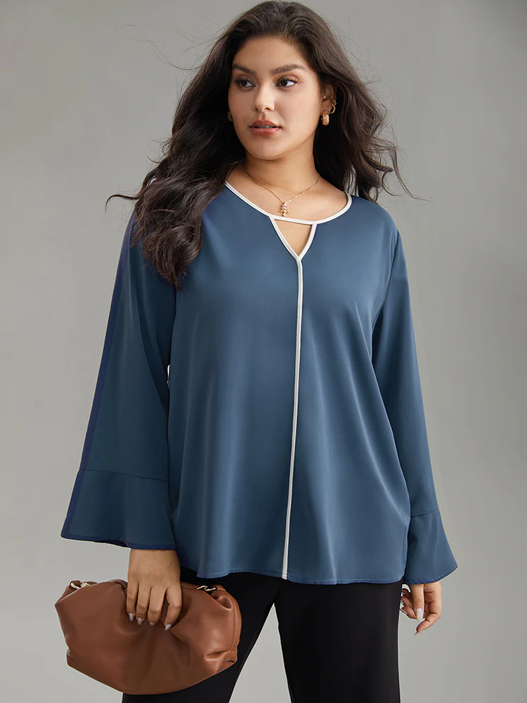 Two Tone Keyhole Bell Sleeve Blouse - Image 5