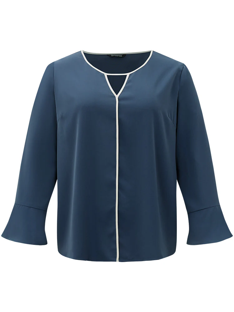 Two Tone Keyhole Bell Sleeve Blouse - Image 8