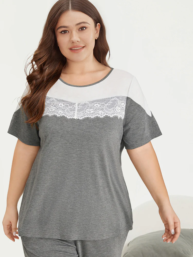Two-Tone Lace Trim Pajama Top