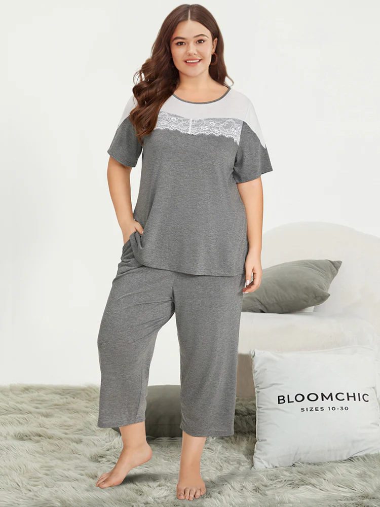 Two-Tone Lace Trim Pajama Top - Image 2