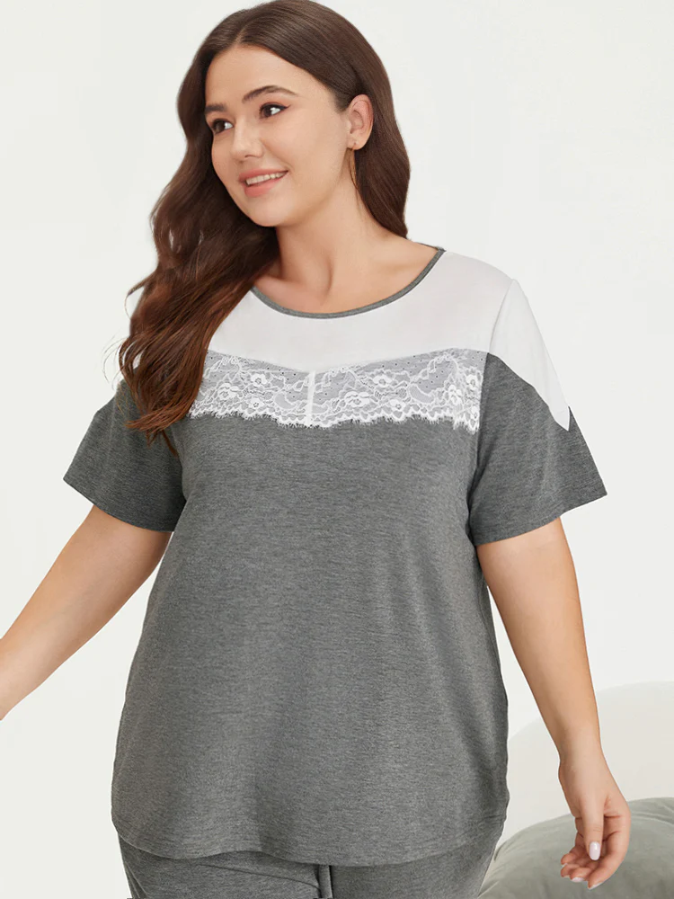 Two-Tone Lace Trim Pajama Top - Image 3