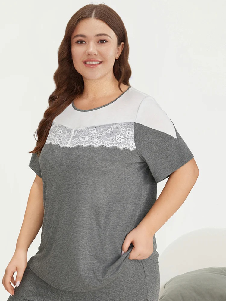 Two-Tone Lace Trim Pajama Top - Image 5