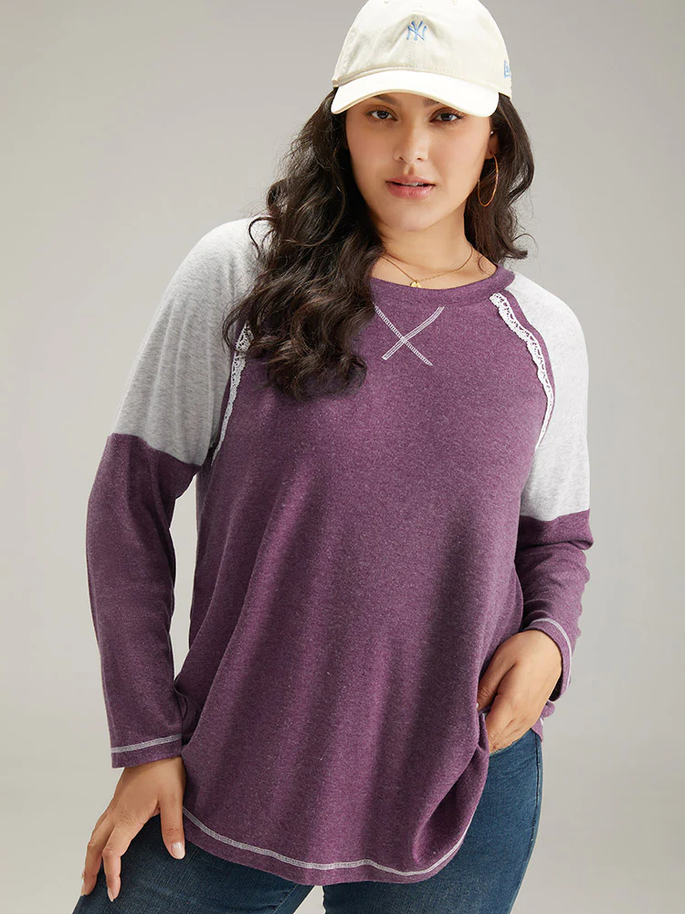 Two Tone Lace Trim Stitch Raglan Sleeve T-shirt - Image 2