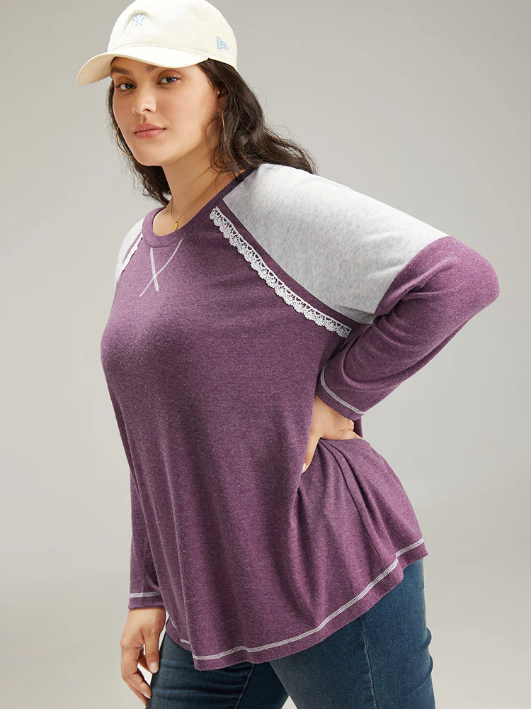 Two Tone Lace Trim Stitch Raglan Sleeve T-shirt - Image 4
