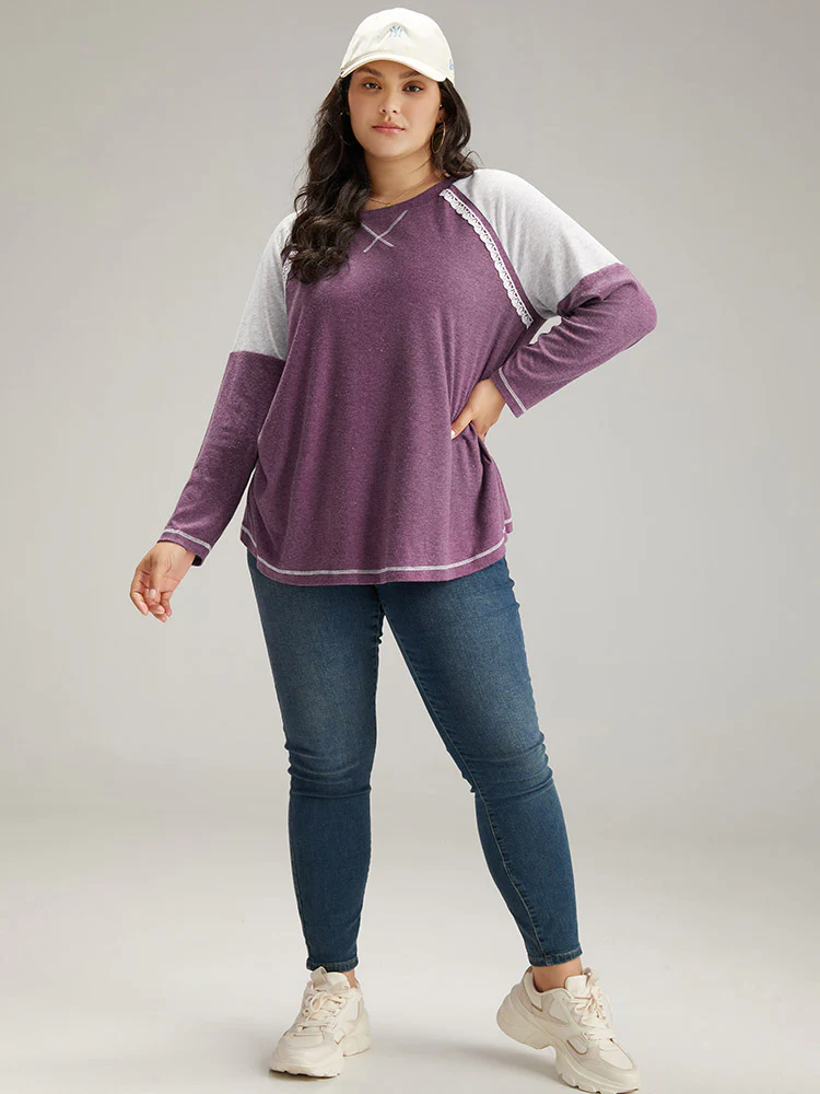 Two Tone Lace Trim Stitch Raglan Sleeve T-shirt - Image 5