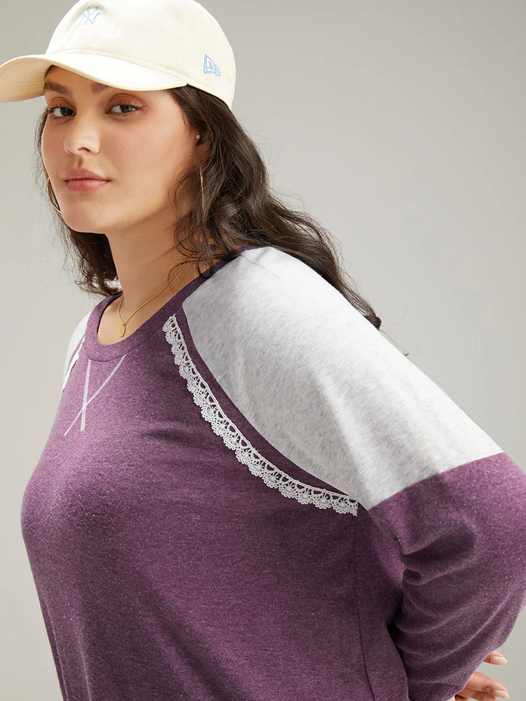 Two Tone Lace Trim Stitch Raglan Sleeve T-shirt - Image 6