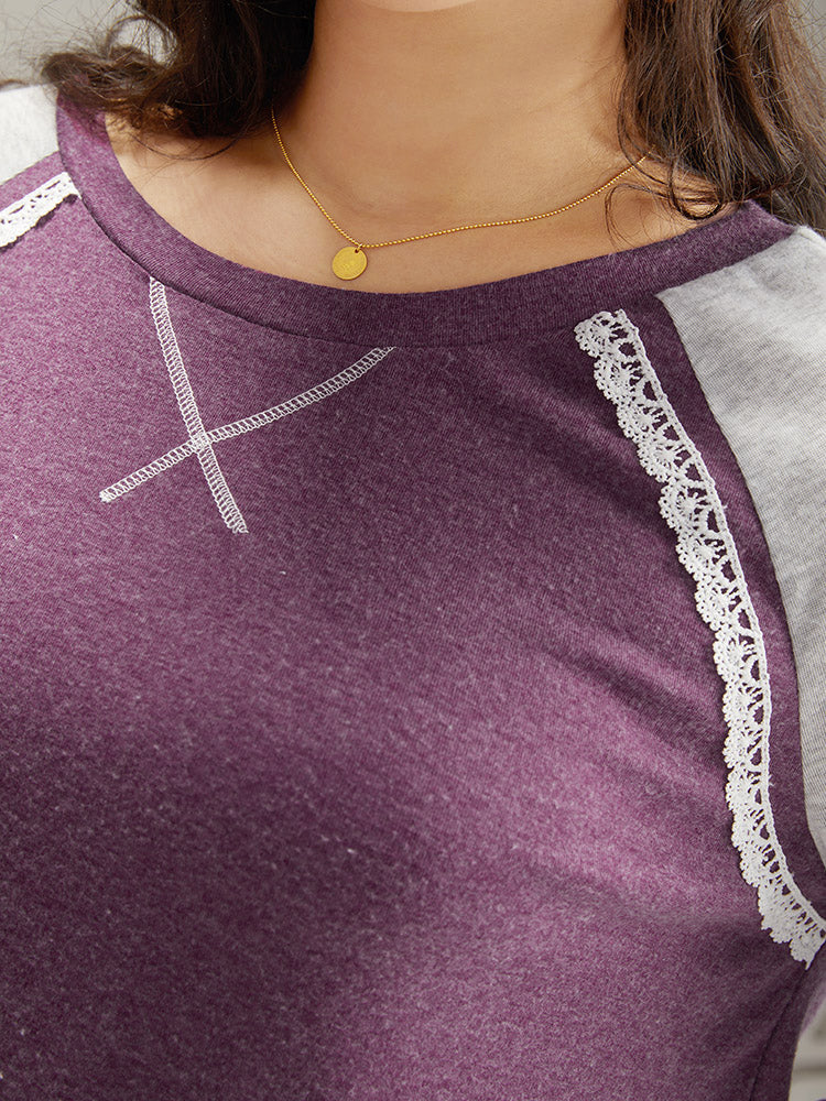 Two Tone Lace Trim Stitch Raglan Sleeve T-shirt - Image 7