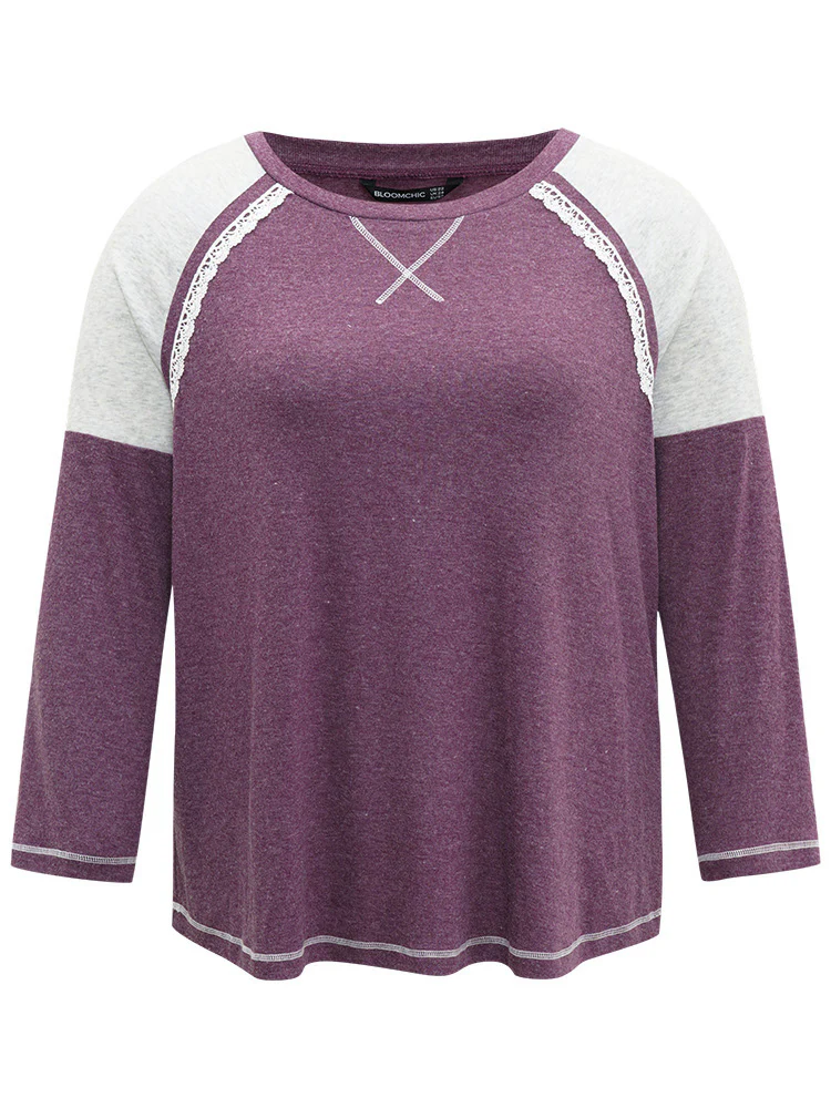 Two Tone Lace Trim Stitch Raglan Sleeve T-shirt - Image 8