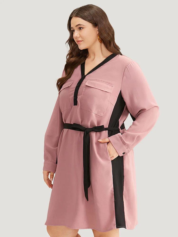 Twill Two Tone Metal Button Up Belted Dress - Image 2
