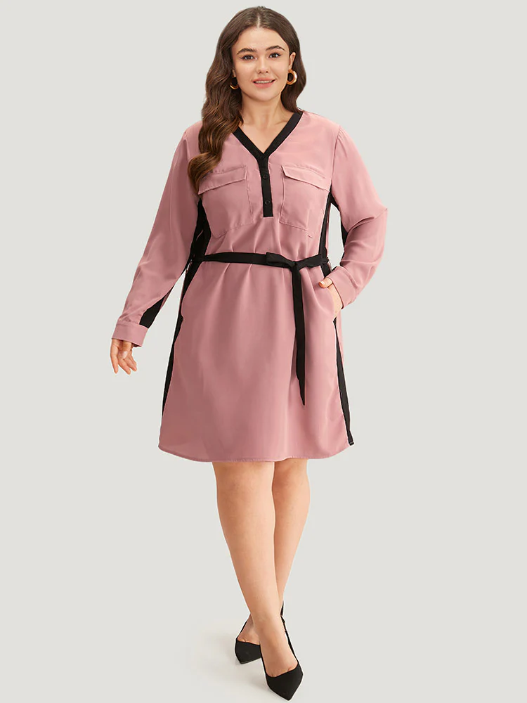 Twill Two Tone Metal Button Up Belted Dress - Image 3
