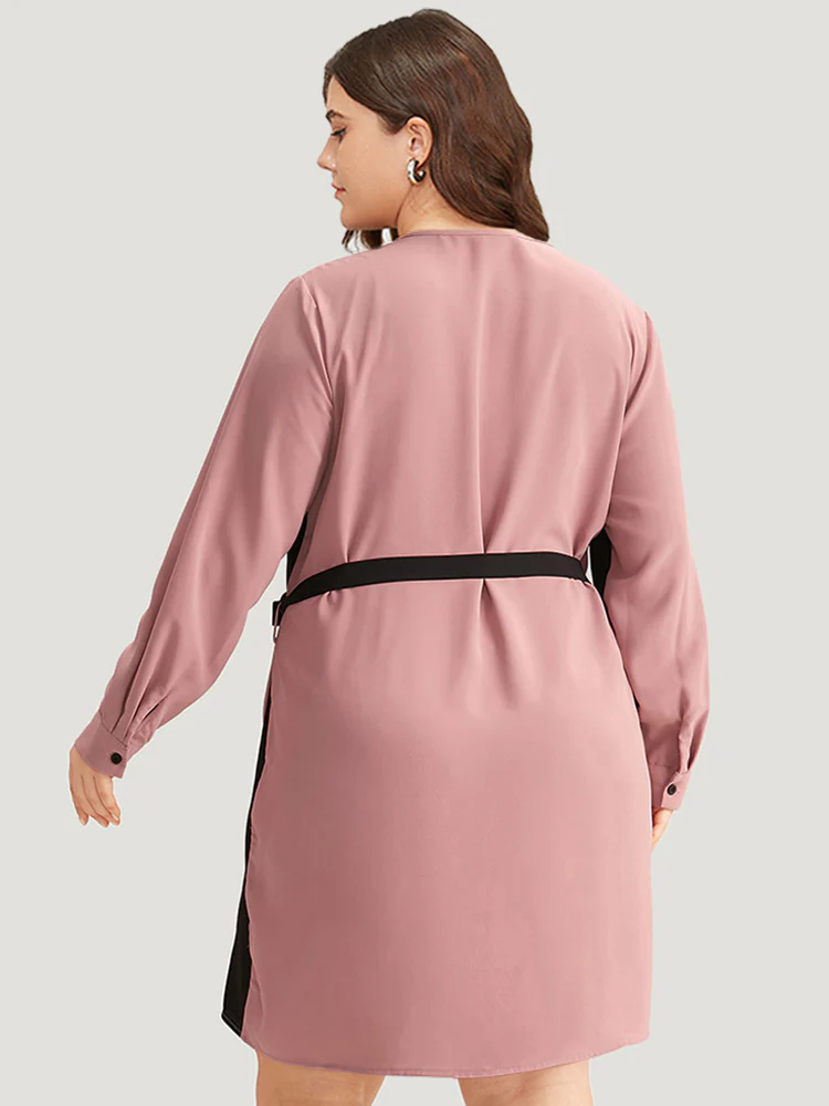 Twill Two Tone Metal Button Up Belted Dress - Image 4