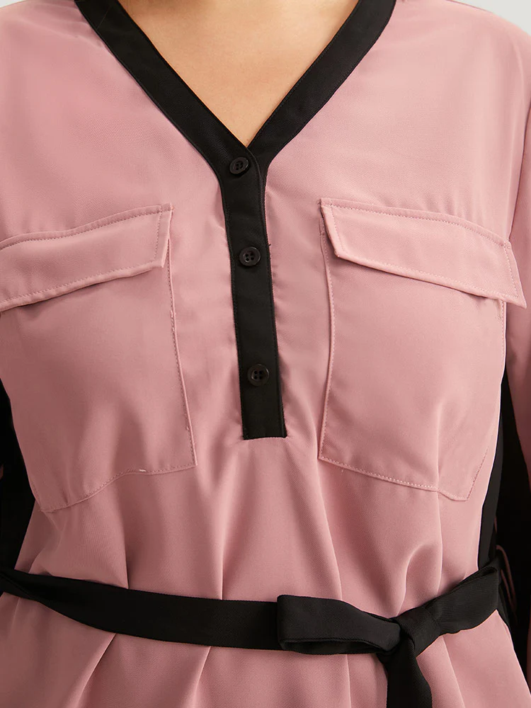 Twill Two Tone Metal Button Up Belted Dress - Image 5