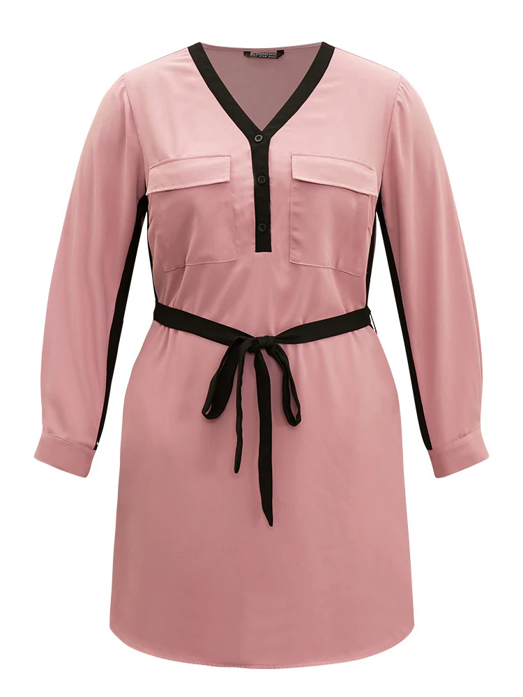 Twill Two Tone Metal Button Up Belted Dress - Image 7