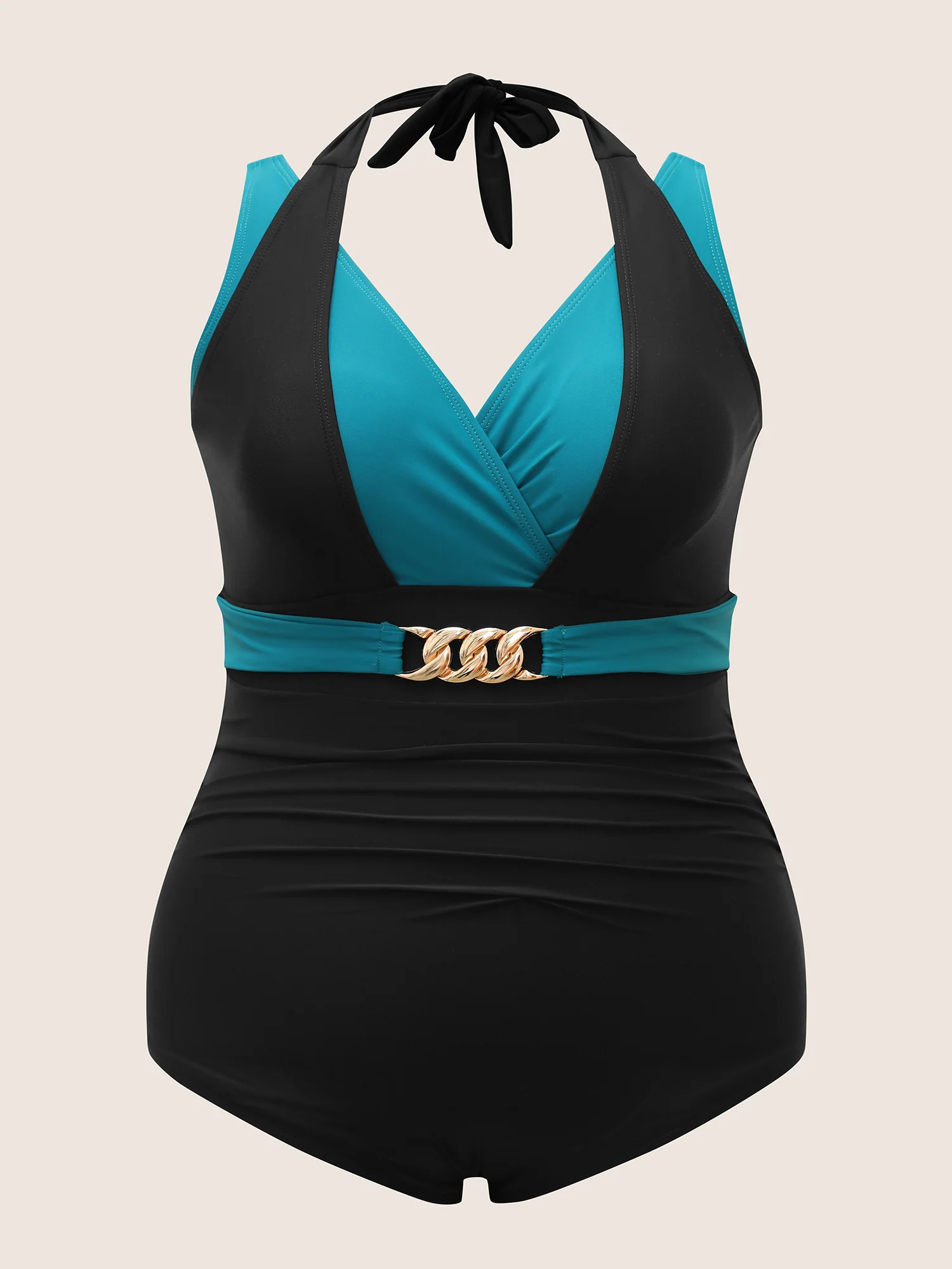 Two Tone Metal Chain Detail One Piece Swimsuit - Image 7