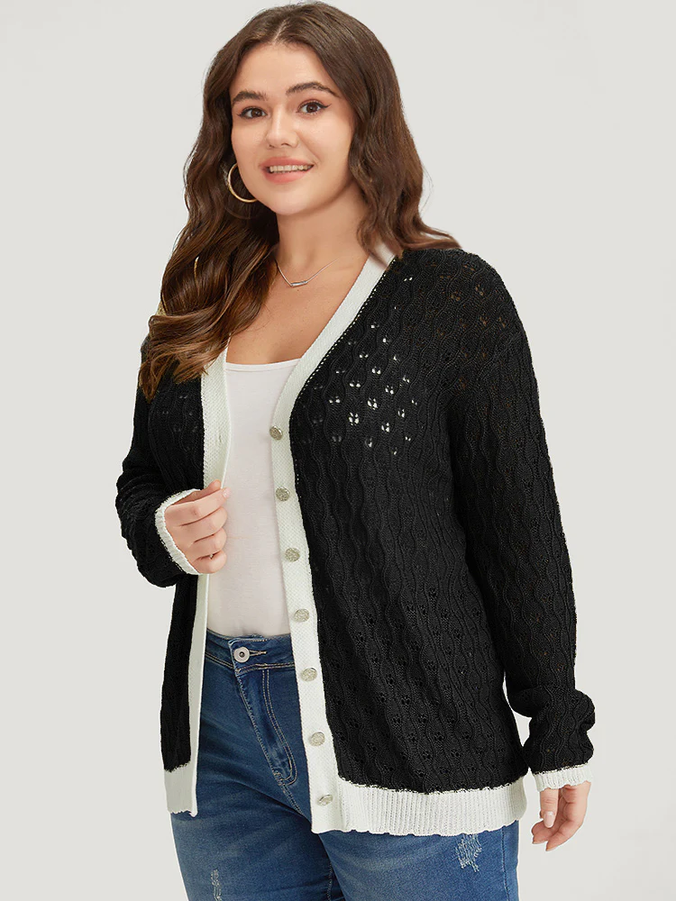 Two Tone Patchwork Cut Out Button Down Cardigan - Image 3
