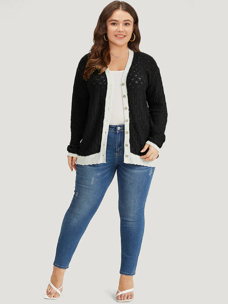 Two Tone Patchwork Cut Out Button Down Cardigan - Image 4