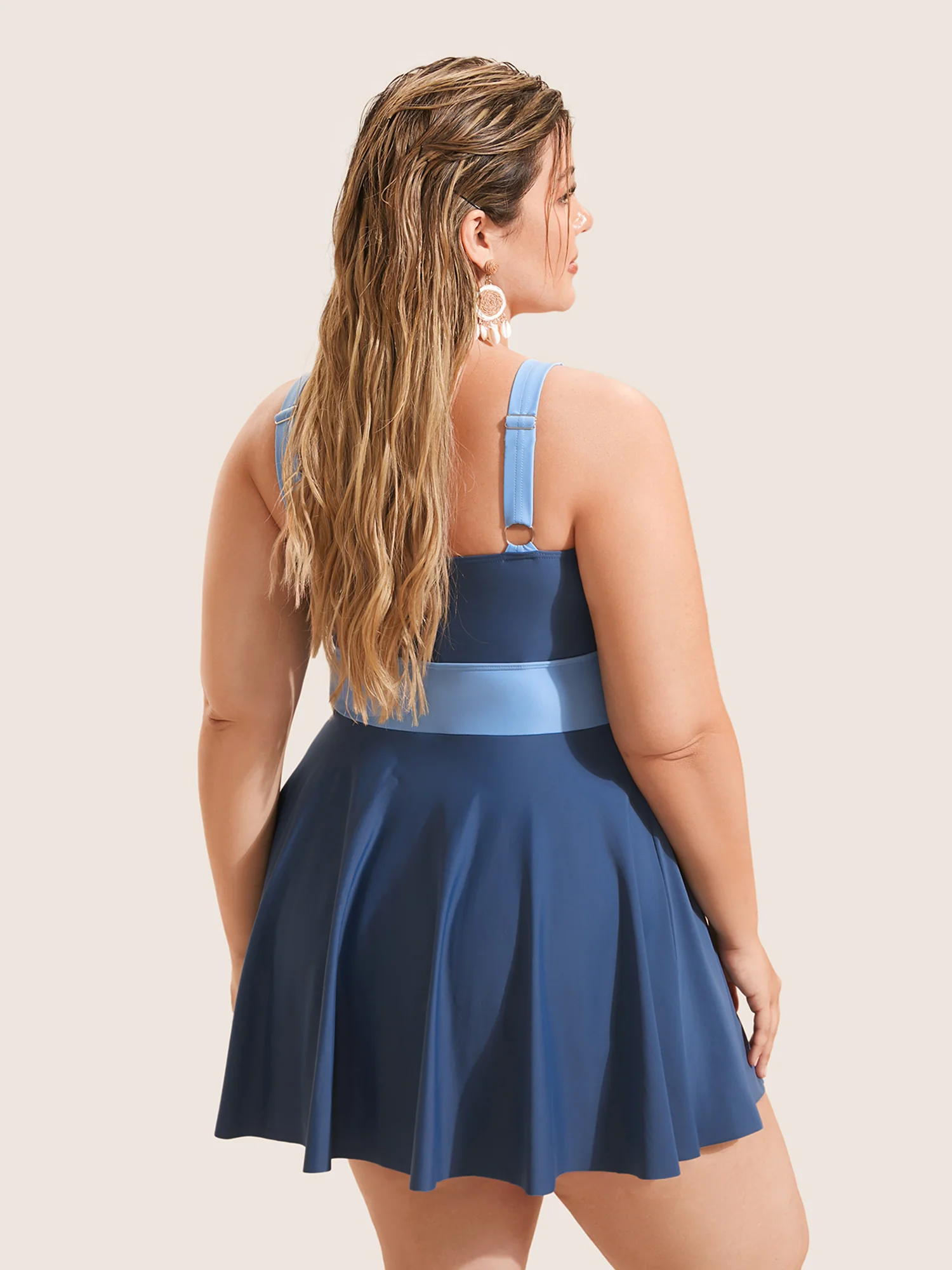 Two Tone Patchwork Gathered Swim Dress - Image 2