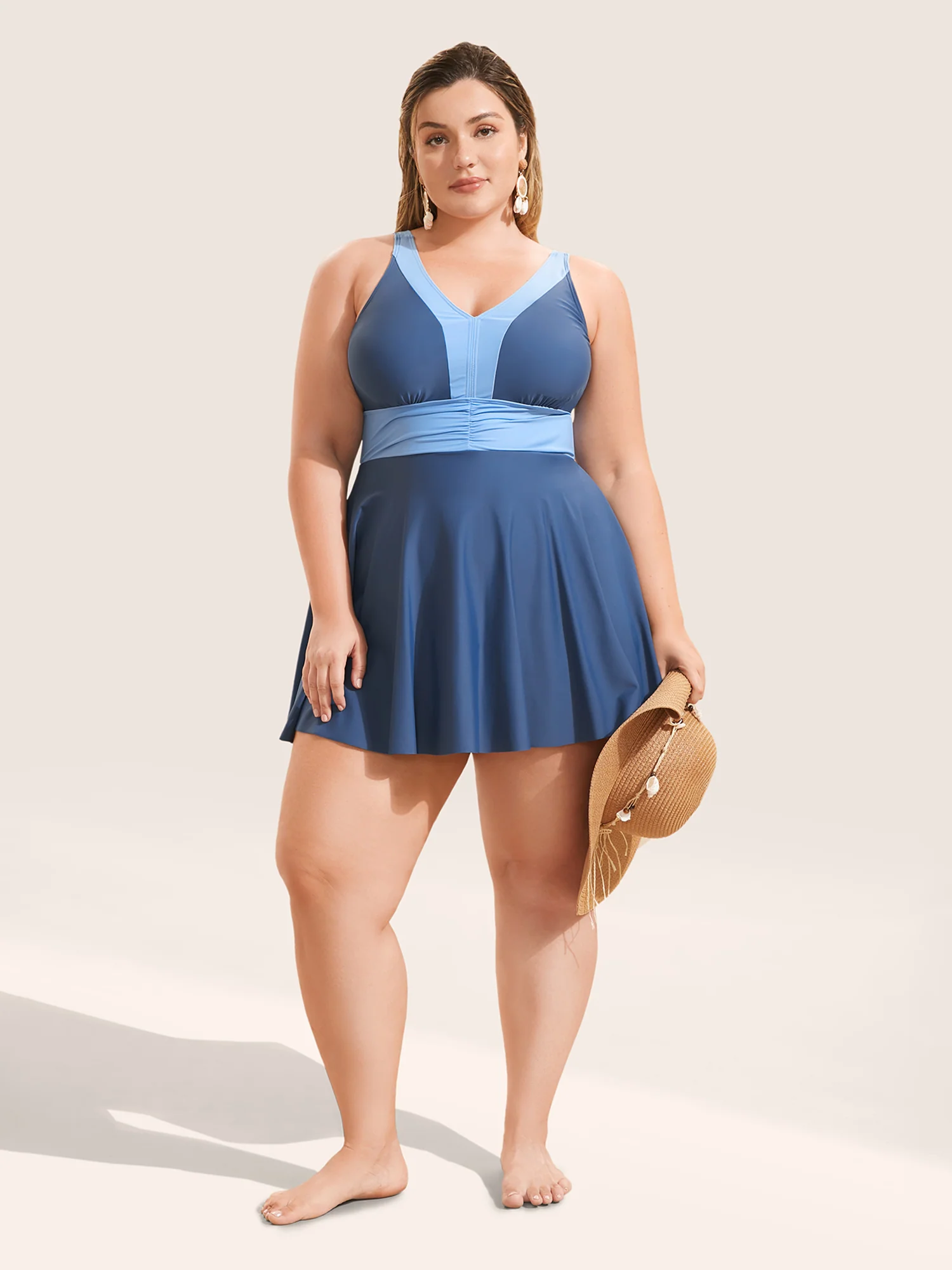 Two Tone Patchwork Gathered Swim Dress - Image 3