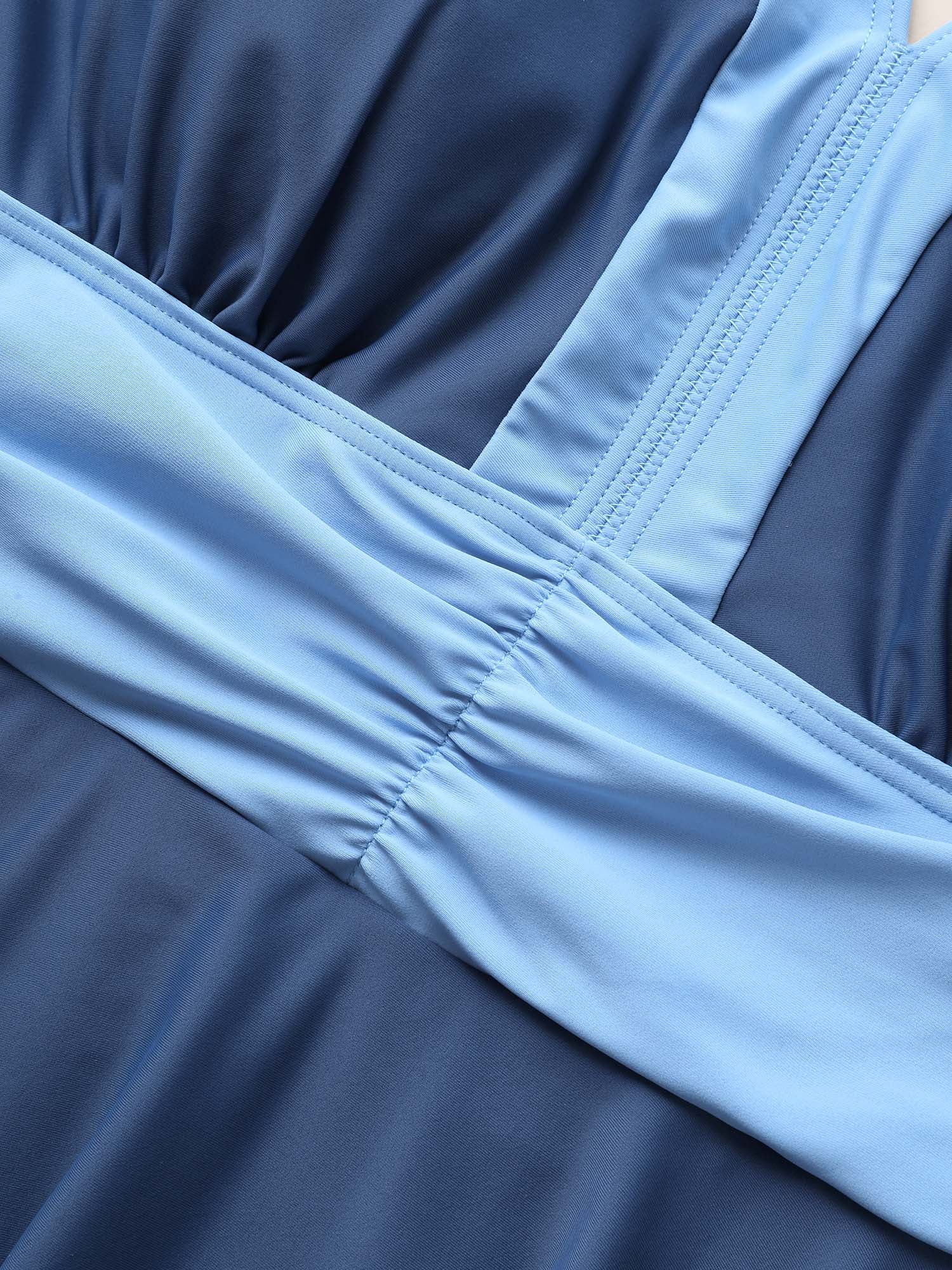 Two Tone Patchwork Gathered Swim Dress - Image 5