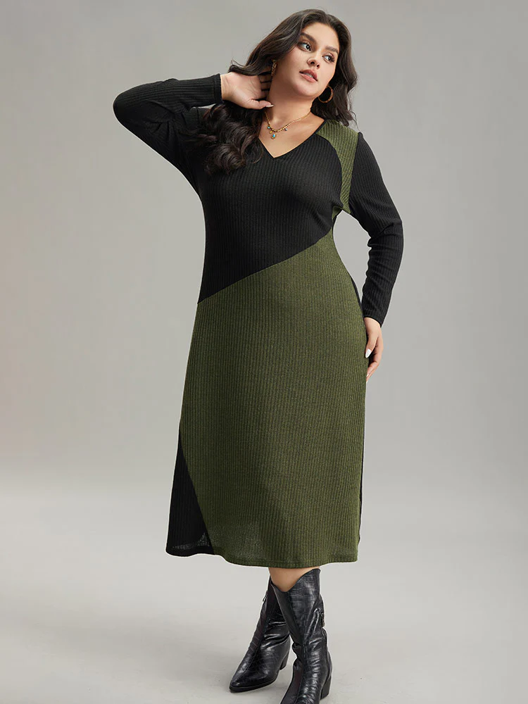 Two Tone Patchwork V Neck Dress - Image 11