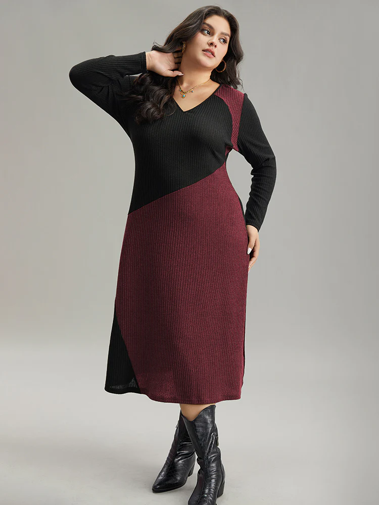 Two Tone Patchwork V Neck Dress - Image 2