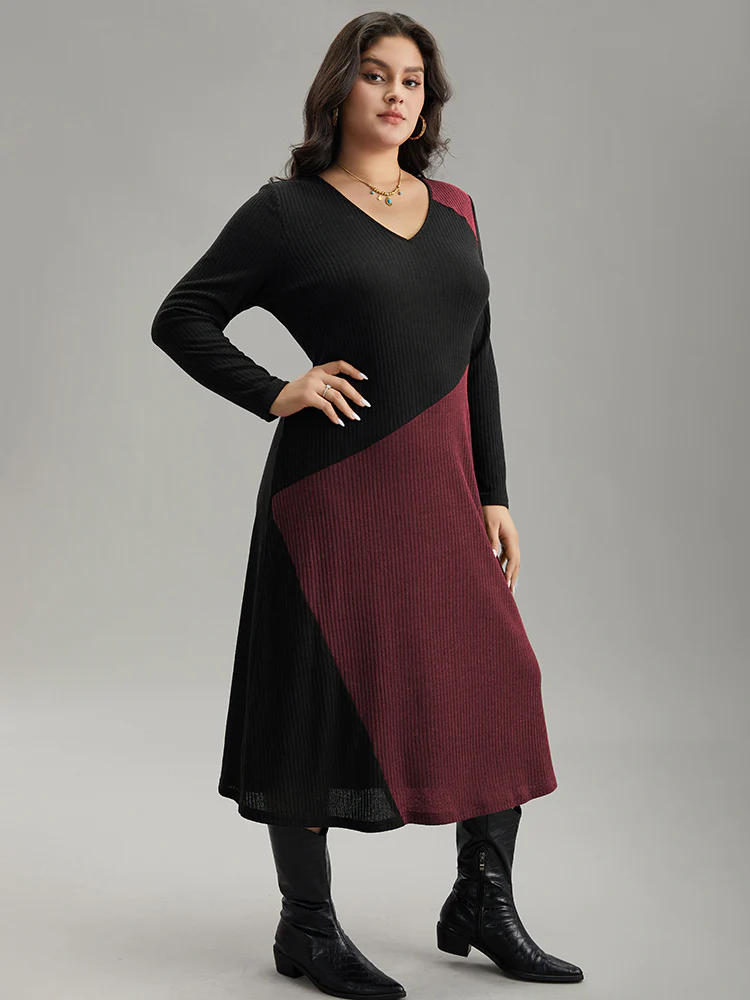 Two Tone Patchwork V Neck Dress - Image 4