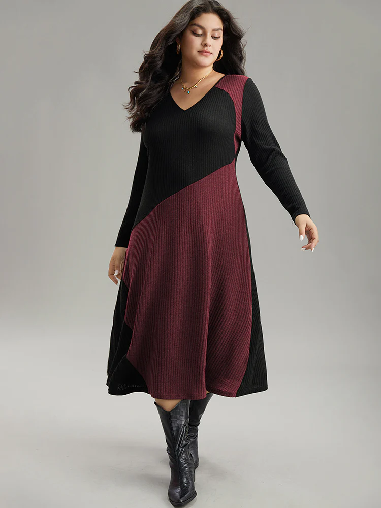 Two Tone Patchwork V Neck Dress - Image 5
