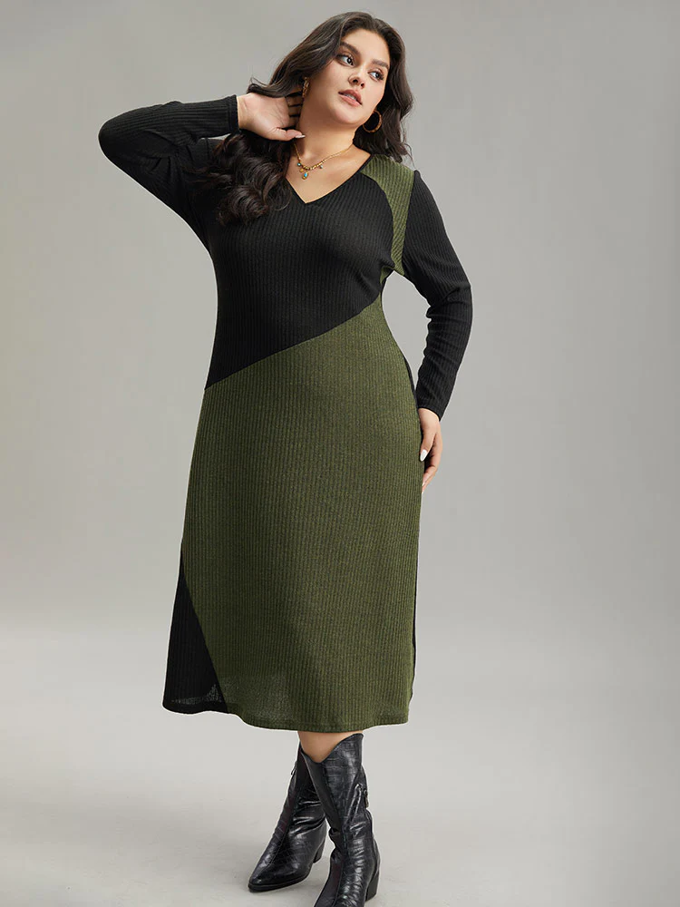 Two Tone Patchwork V Neck Dress - Image 7