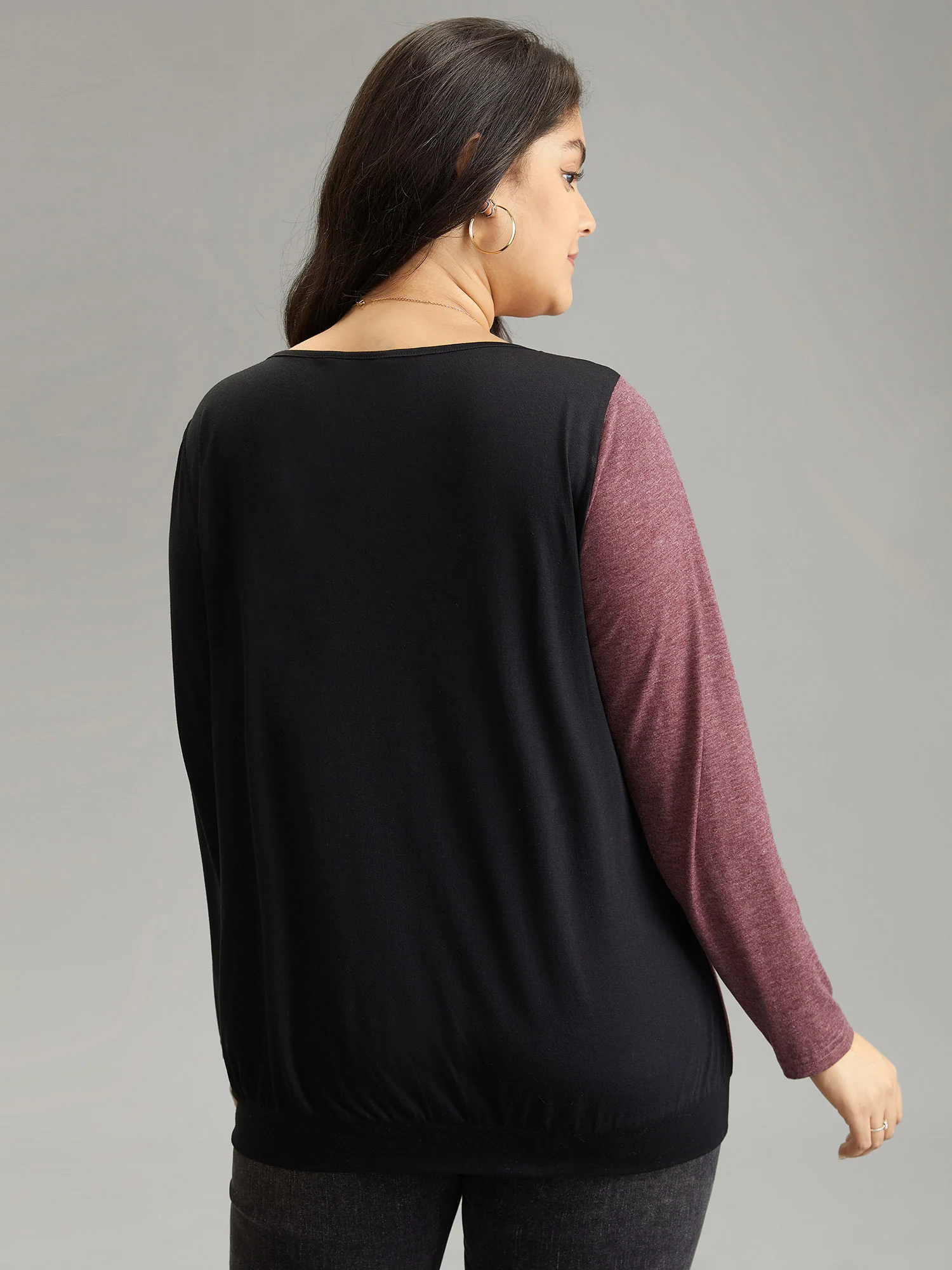 Two Tone Round Neck Button Detail T-shirt - Image 2