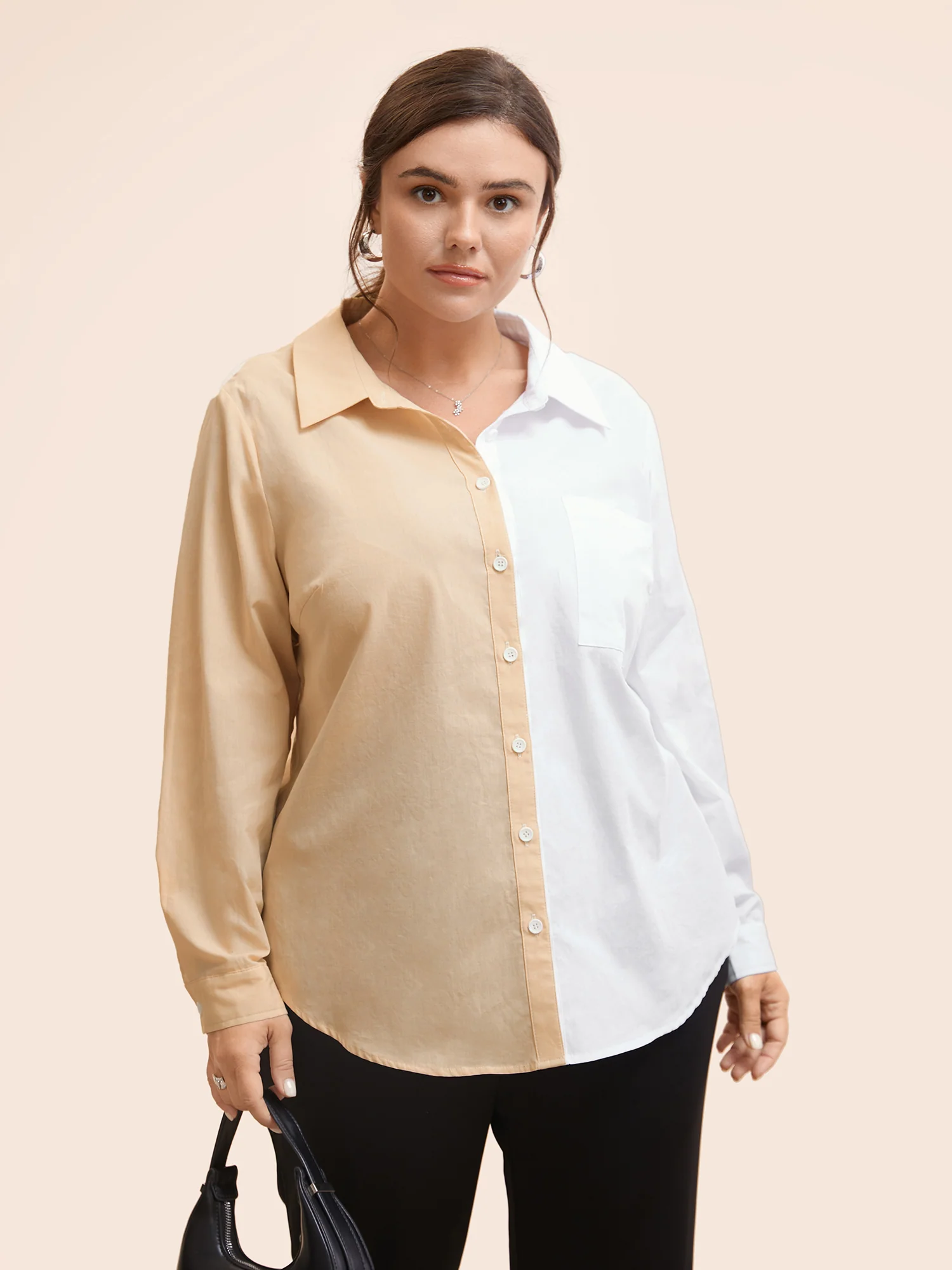 Two Tone Shirt Collar Patched Pocket Blouse - Image 2