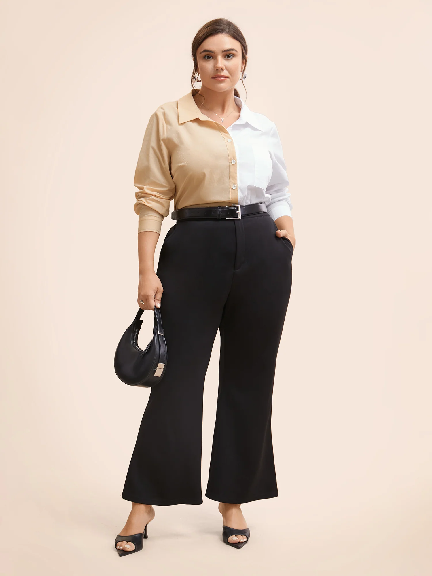Two Tone Shirt Collar Patched Pocket Blouse - Image 3