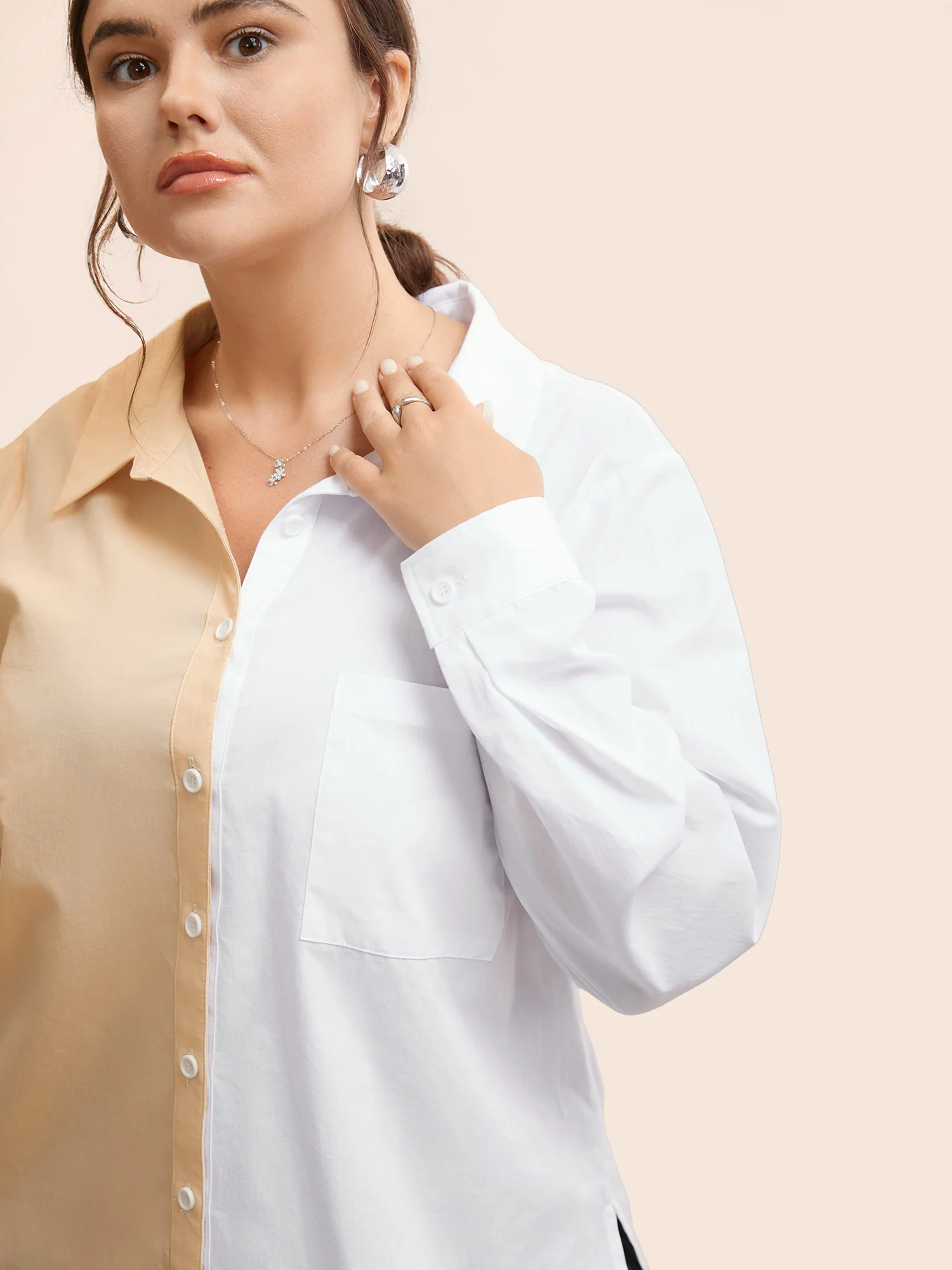 Two Tone Shirt Collar Patched Pocket Blouse - Image 4