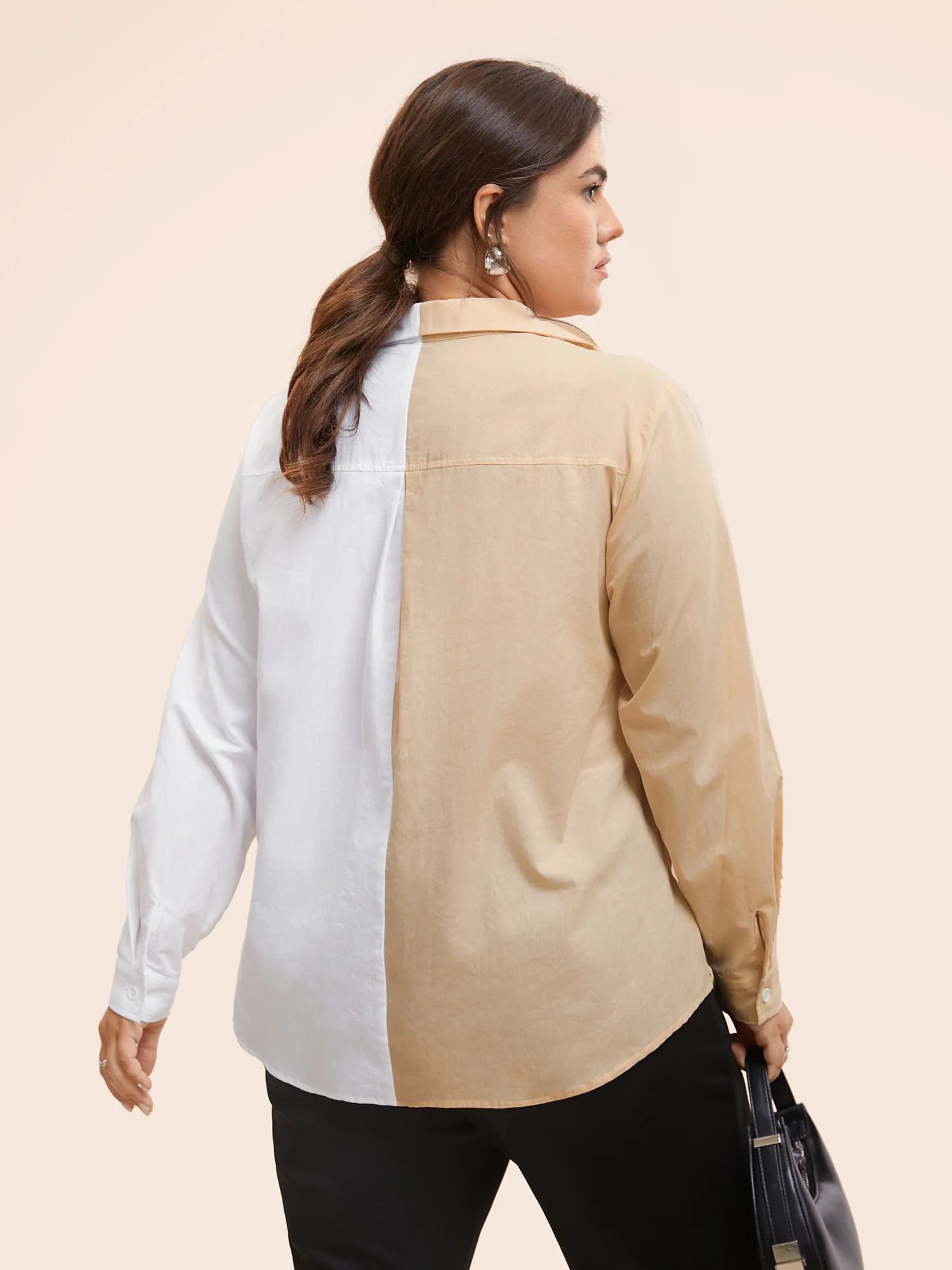 Two Tone Shirt Collar Patched Pocket Blouse - Image 5