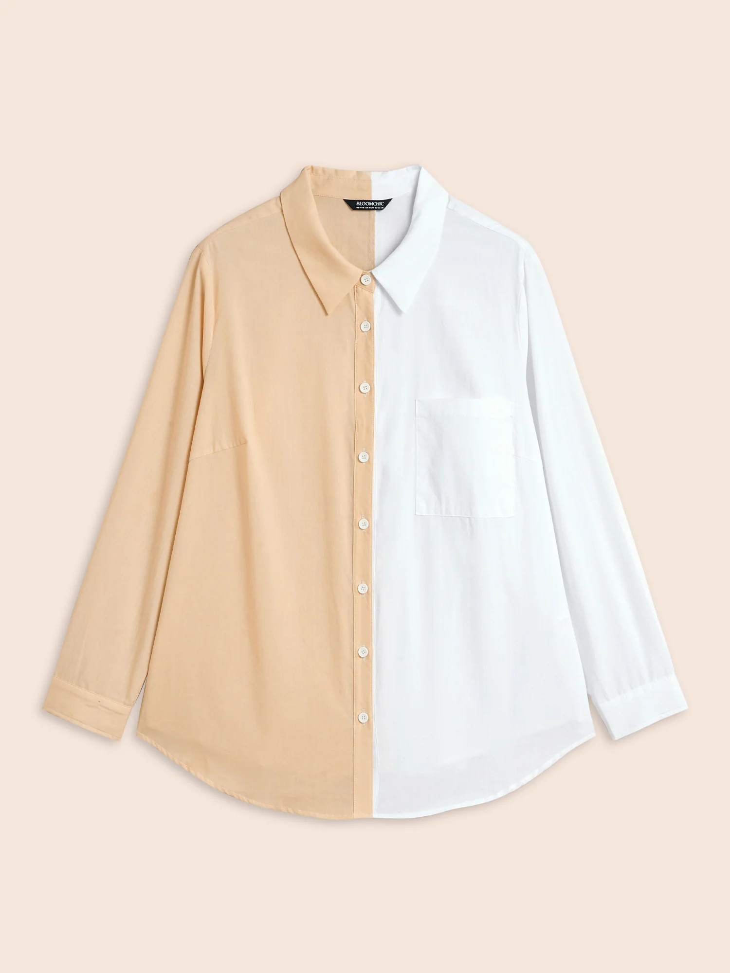 Two Tone Shirt Collar Patched Pocket Blouse - Image 9