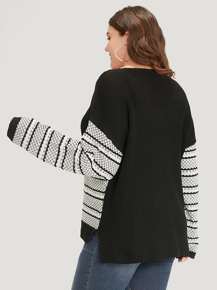 Two Tone V Neck Patchwork Elastic Cuffs Pullover - Image 2