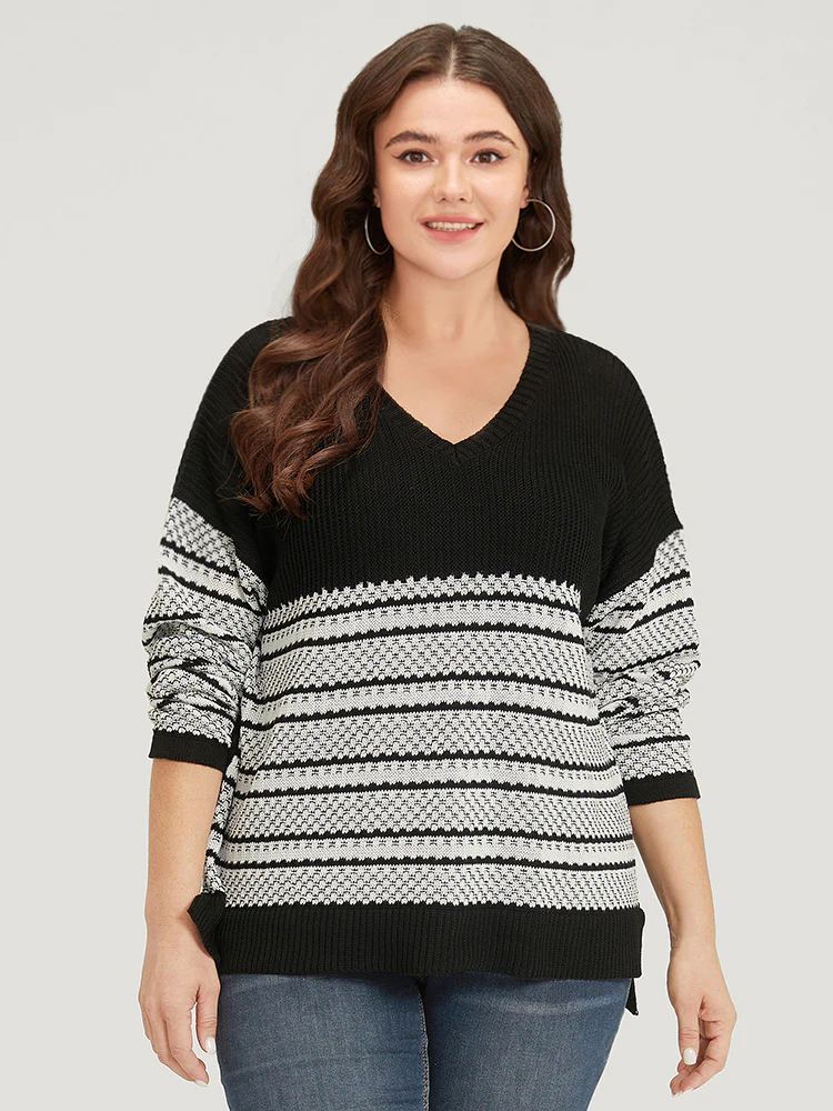 Two Tone V Neck Patchwork Elastic Cuffs Pullover - Image 4