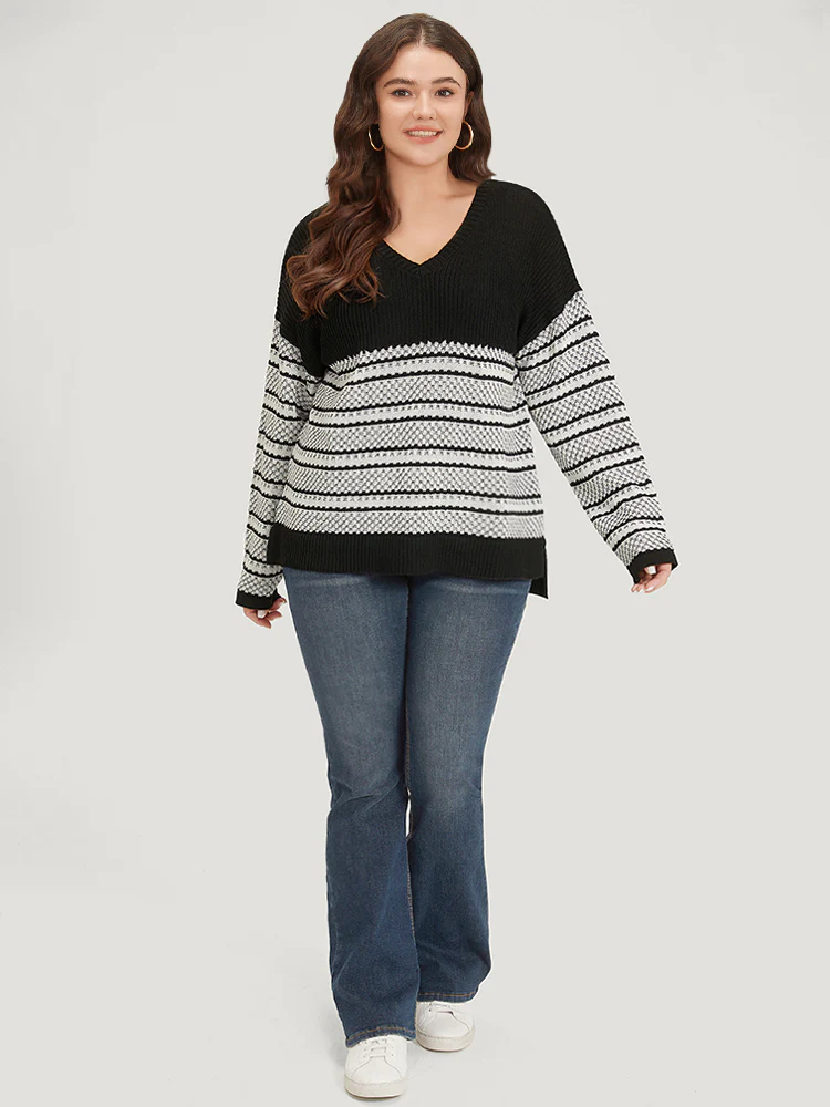 Two Tone V Neck Patchwork Elastic Cuffs Pullover - Image 5