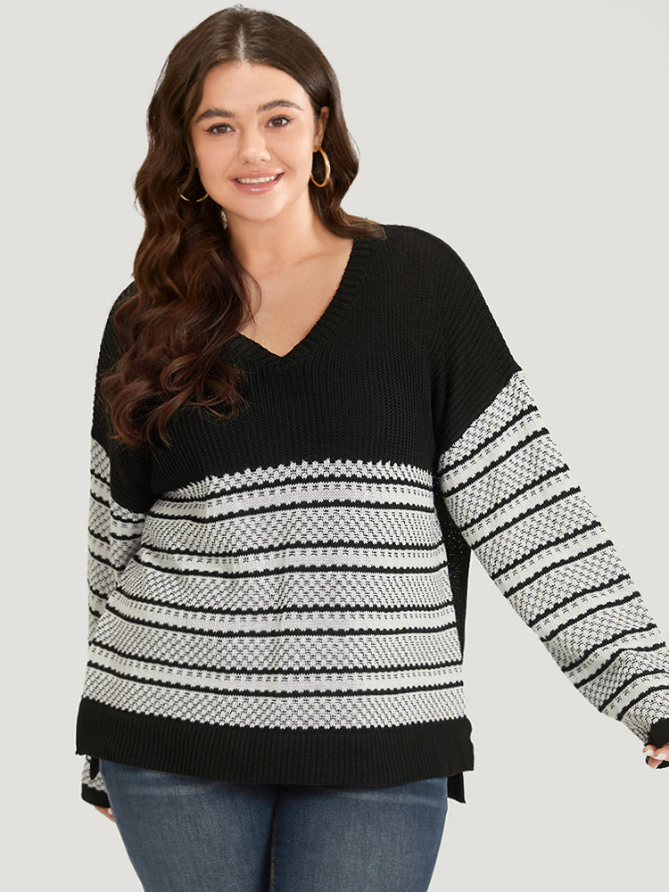 Two Tone V Neck Patchwork Elastic Cuffs Pullover - Image 6
