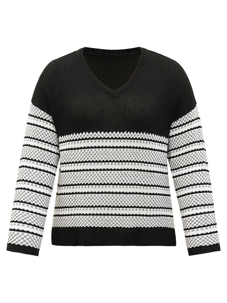 Two Tone V Neck Patchwork Elastic Cuffs Pullover - Image 8