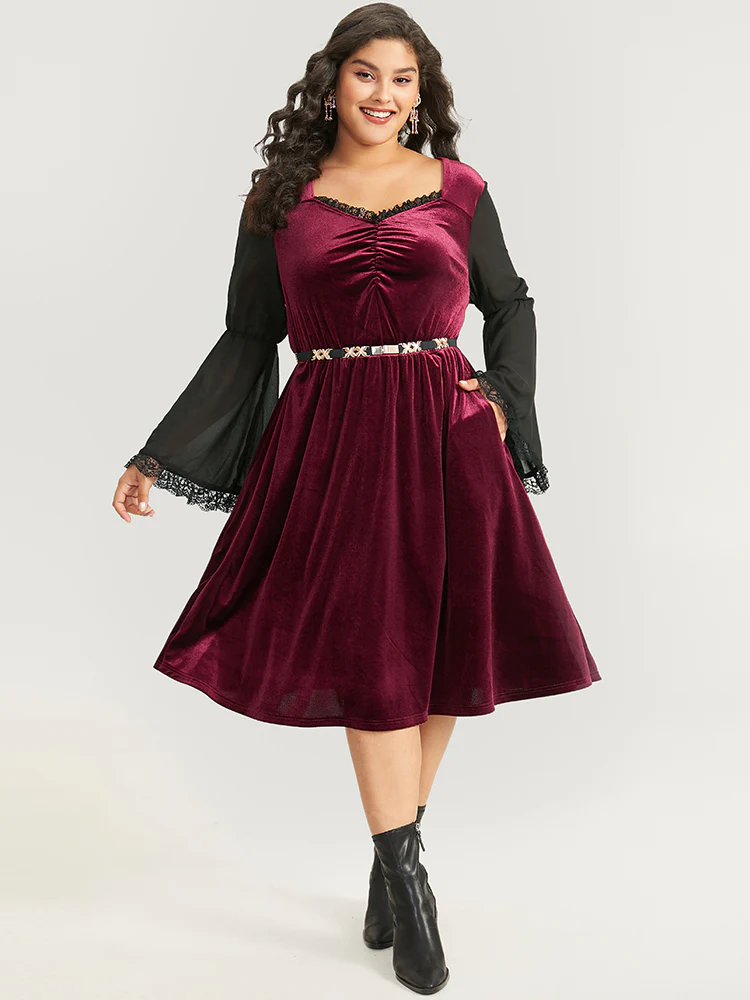 Halloween Two Tone Velvet Ruched Lace Panel Bell Sleeve Dress - Image 2