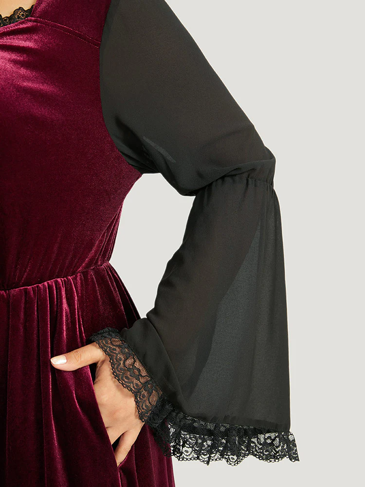 Halloween Two Tone Velvet Ruched Lace Panel Bell Sleeve Dress - Image 6